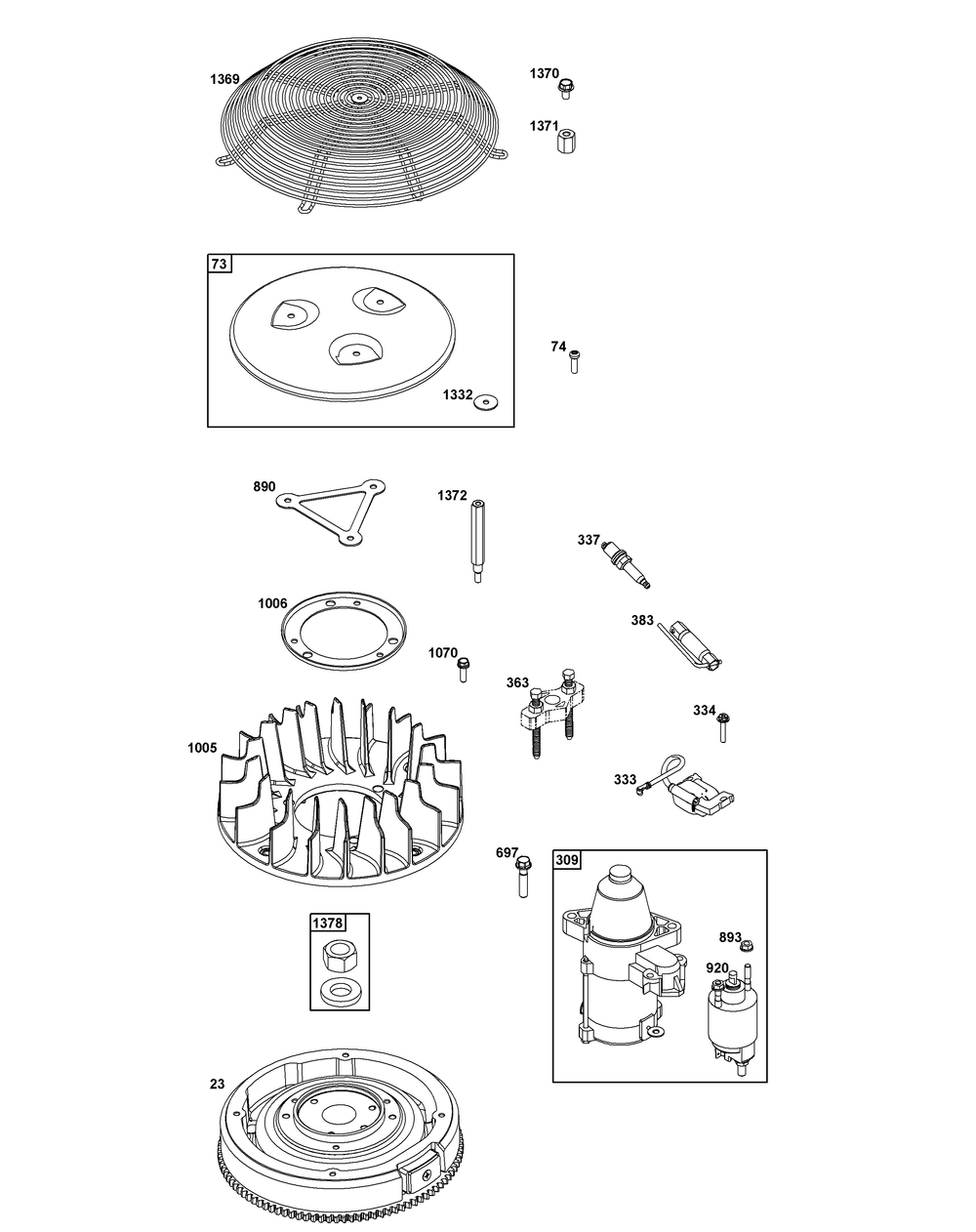 Flywheel, Ignition, And Starter Group Diagram and Parts List for 613777-0016-J1 400000 - 699999 Briggs and Stratton Engine